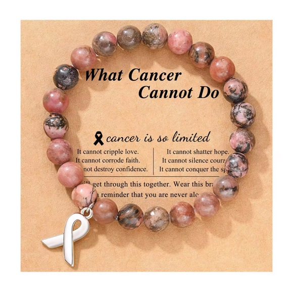 Pink and Gray Beaded Bracelet with Ribbon Charm Rhodochrosite - Picture 1 of 3
